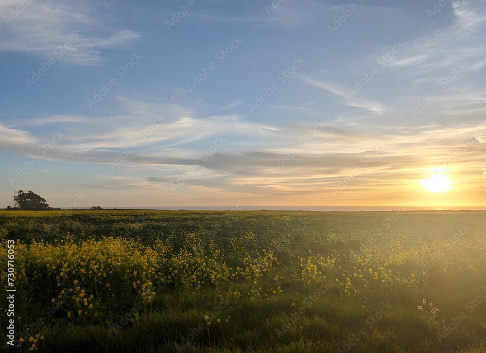 calming sunset serenity over fields and wildflowers
