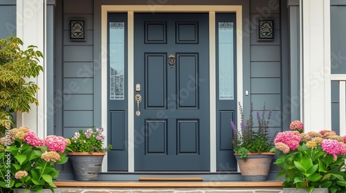 Gray front door with small square decorative windows and flower pots in front of it