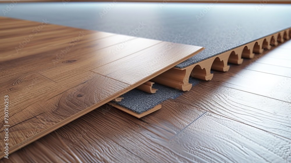 Installing wooden laminate flooring with soundproofing sheets laying ...