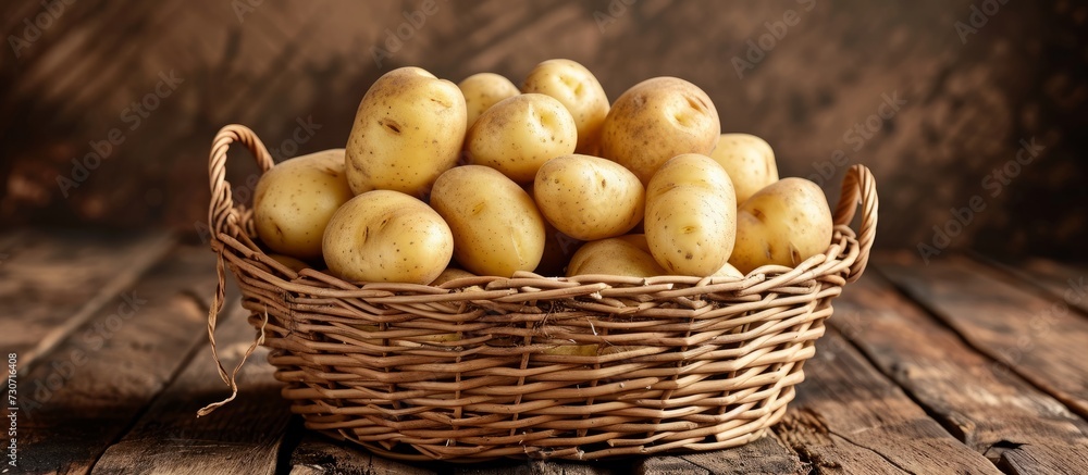 Baby potatoes in a basket against a wooden backdrop, fresh and raw. Baby potatoes in a basket against a wooden backdrop, fresh and raw.