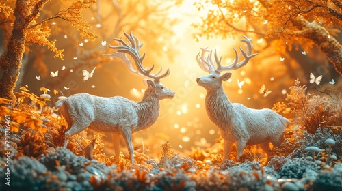 Fall Foliage Fantasy: Two Deer Standing in the Sunlight Generative AI © Bipul Kumar