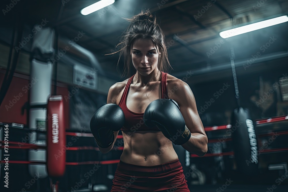 Caucasian woman in boxing gym. Self defense concept. The photo captures her unwavering dedication to her craft, showcasing the intensity of her self-defense workouts.