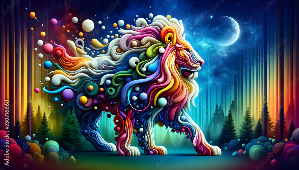 a colorful lion, composed of minimalistic, colorful organic forms, set against a mystical forest background with stars and a moon, creating a vibrant and abstract scene