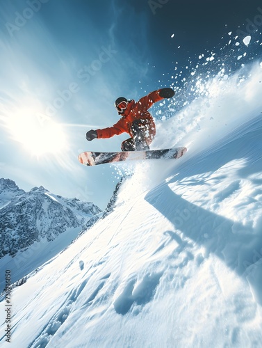 Playing snowboarder launching off in the Swiss Alps