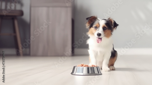 Dog with bowl in Kitchen Feed and eat Food ,Pet Shop, Pet Food
