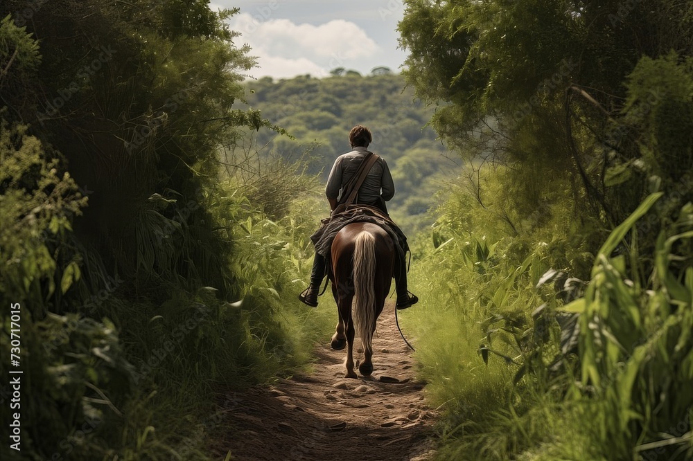 select 50 keywords for stock photos, separated by commas, in a long line - Horseback riding man rider riding a horse along a forest path rear view select 50 keywords for stock photos, separated by commas, in a long line - Horseback riding man rider riding a horse along a forest path rear view