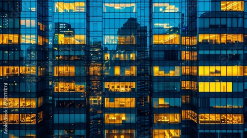 Pattern of office buildings windows illuminated at night. Lighting with glass architecture facade design with reflection urban city.