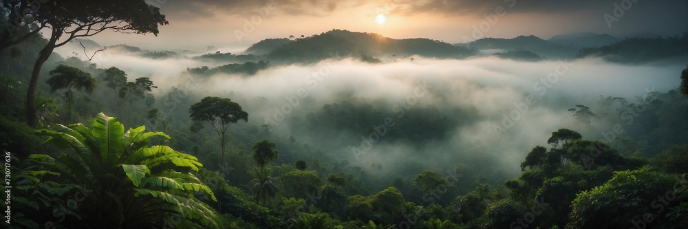 Fototapeta premium Enthralling haze cloaks the lively green jungle at sunset, crafting a celestial panorama that beckons exploration. Tourism campaigns, travel fans, naturalist publications. Misty landscapes series.
