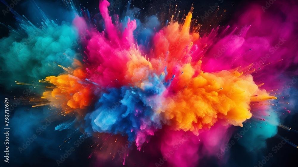 Explosion of colored powder isolated on black background, top view - obrazy, fototapety, plakaty 