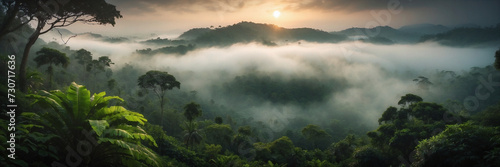 Enthralling haze cloaks the lively green jungle at sunset, crafting a celestial panorama that beckons exploration. Tourism campaigns, travel fans, naturalist publications. Misty landscapes series. photo