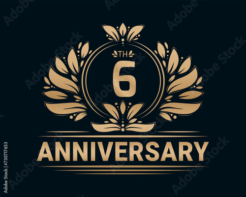 6th Anniversary Royal Golden Design. Anniversary celebration decorative illustration.