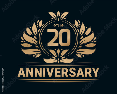 20th Anniversary Royal Golden Design. Anniversary celebration decorative illustration.