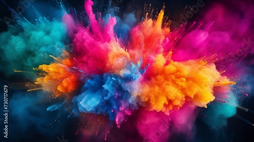 Explosion of colored powder isolated on black background, top view photo