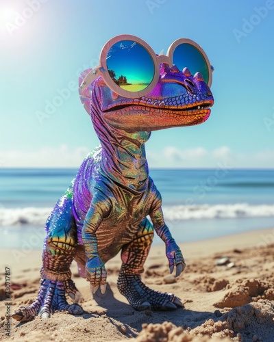 A colorful dinosaur toy wearing oversized sunglasses enjoys a sunny day on a sandy beach with a scenic ocean view © Glittering Humanity