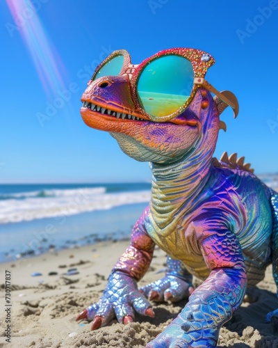 Vibrant toy dinosaur with sunglasses posing at the beach under sunny skies, whimsical and playful © Glittering Humanity