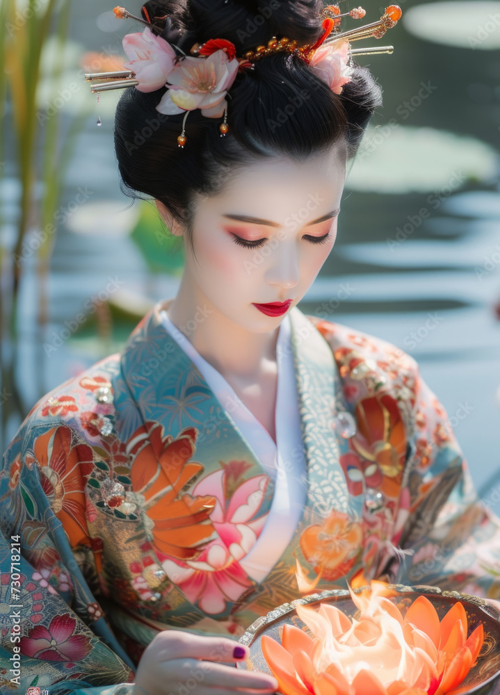 Traditional japanese geisha in a floral kimono holds a vibrant lotus flower, with a serene pond in the background Traditional japanese geisha in a floral kimono holds a vibrant lotus flower, with a serene pond in the background