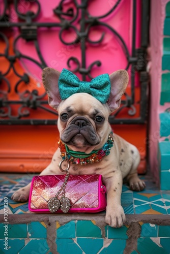 Cute french bulldog wearing a turquoise bow and fashionable accessories on mosaic tiles