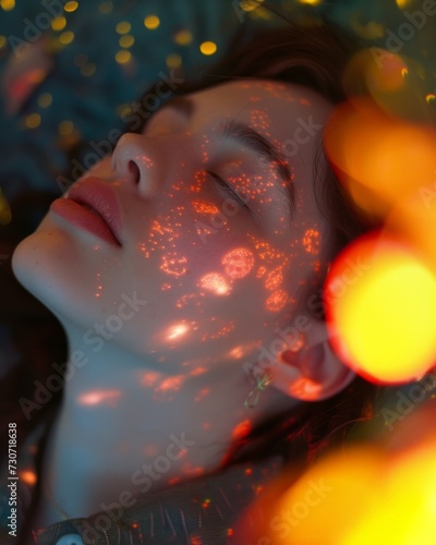 Serene portrait of a person's face bathed in warm, patterned light