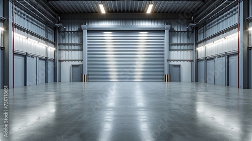 Roller door or roller shutter using for factory, warehouse or hangar. Industrial building interior consist of polished concrete floor and closed door for product display