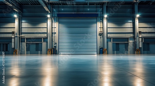 Roller door or roller shutter using for factory, warehouse or hangar. Industrial building interior consist of polished concrete floor and closed door for product display