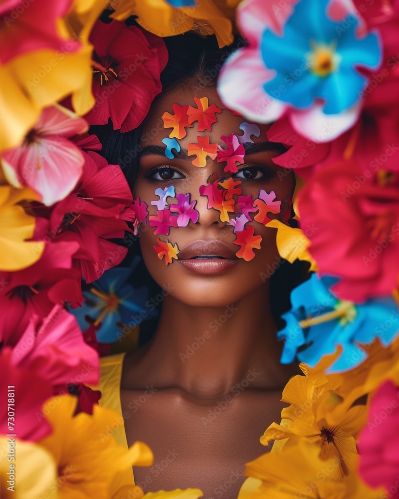 Portrait of a woman with colorful puzzle makeup surrounded by vibrant flowers