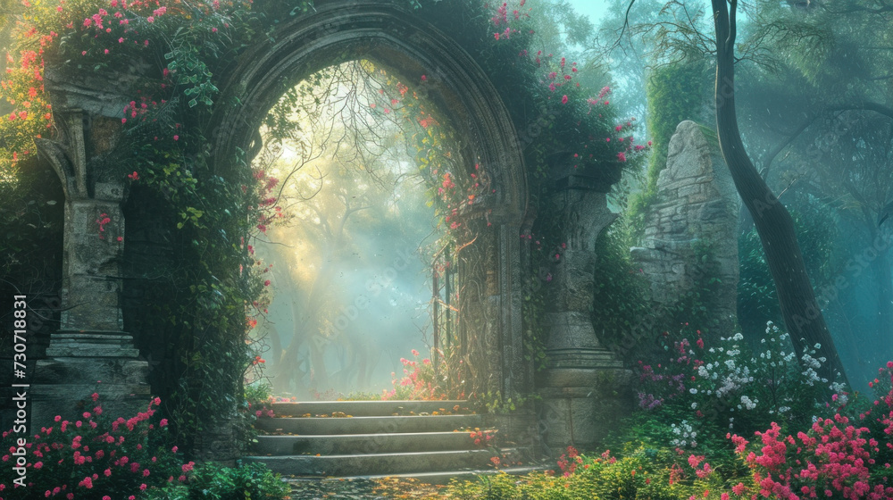 Mystical garden archway surrounded by flowers and fog. Fantasy and imagination.