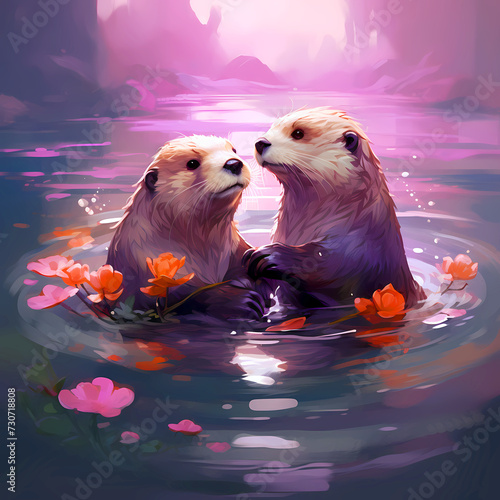 Cute otters holding hands. happy couple concept. Valentine's Day or wedding greeting card illustration, love concept photo