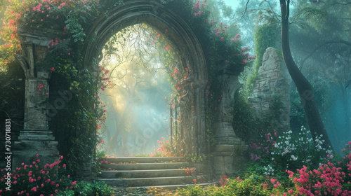 Mystical garden archway surrounded by flowers and fog. Fantasy and imagination.