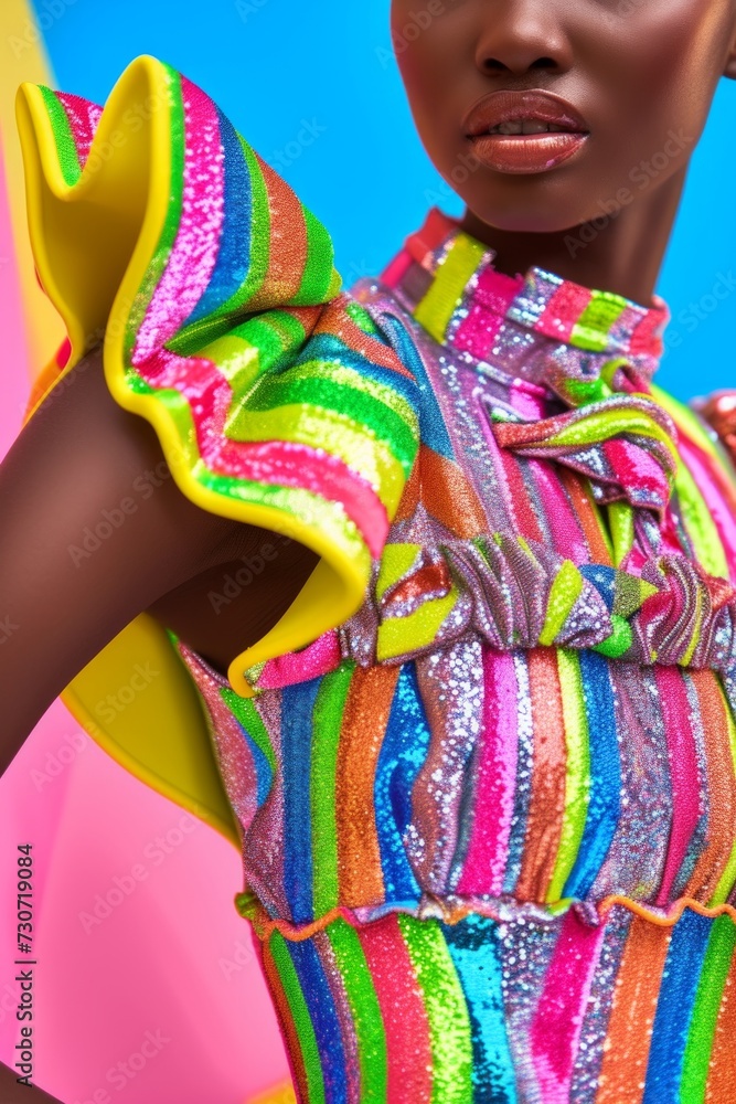 Obraz premium Elegant woman partially visible showcasing a high-fashion sequin dress with bold colors