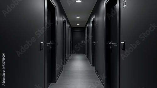 Simple clean newly built generic modern new real estate block of flats interior, long black corridor with black doors, perspective. New bought apartment,  hallway abstract concept  photo