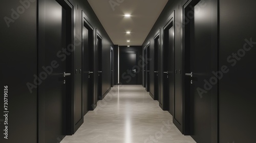 Simple clean newly built generic modern new real estate block of flats interior, long black corridor with black doors, perspective. New bought apartment, hallway abstract concept 