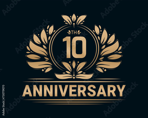 10th Anniversary Royal Golden Design. Anniversary celebration decorative illustration.