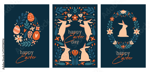 Set of cute easter cards. Happy Easter Day. Banners, flyers with ornamental frame with cartoon rabbits, bunnies, eggs, flowers, plants, leaves, berries, lettering, text, calligraphy. Flat Design. 