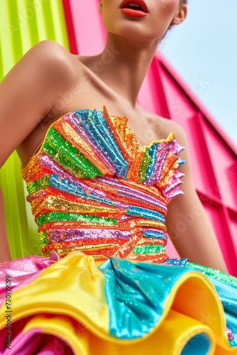 Vibrant fashion with a model wearing a colorful, sequined dress against a lively background