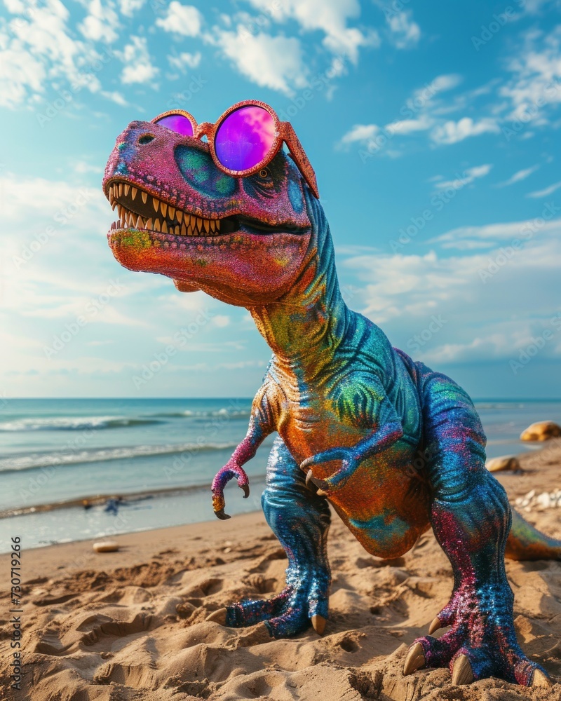 Naklejka premium A vibrant, colorful dinosaur sculpture with pink sunglasses stands on a sandy beach against a clear blue sky