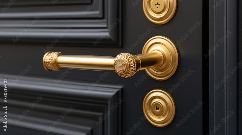 Stylish gold handle on a black door. Modern trends in interior design. Close-up.  - obrazy, fototapety, plakaty 