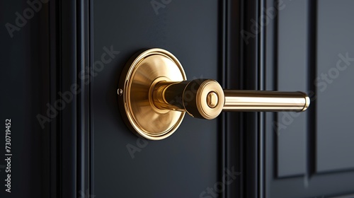 Stylish gold handle on a black door. Modern trends in interior design. Close-up.  photo