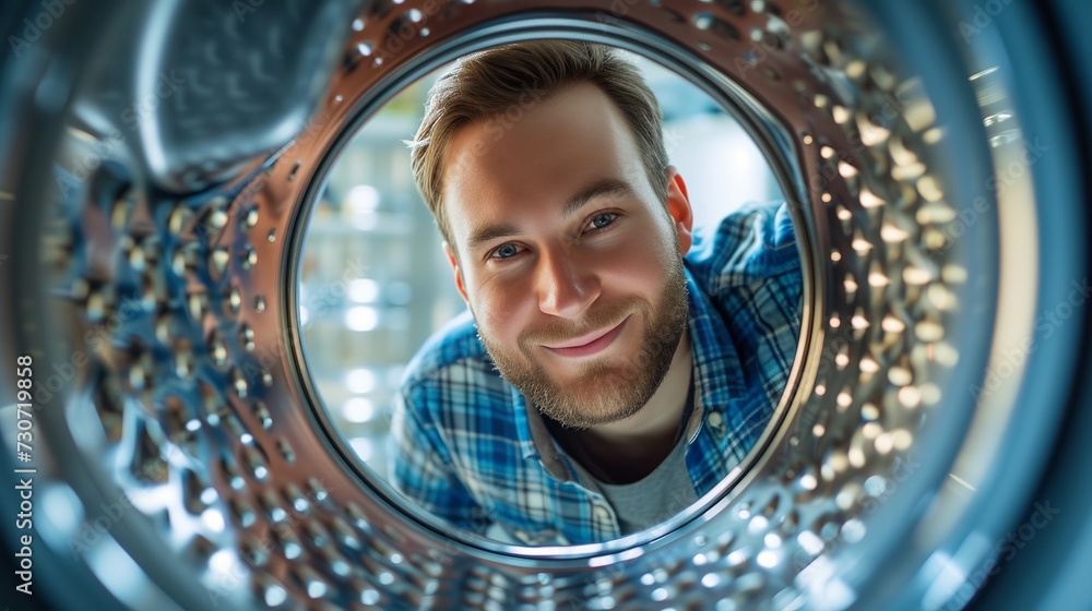 An adult male smiling and glancing at the camera is visible from inside the washing machine.