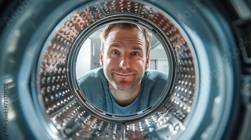 An adult male smiling and glancing at the camera is visible from inside the washing machine. photo