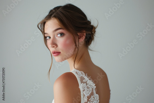 Elegant bride in lacy wedding dress poses for portrait. Bridal beauty and fashion.
