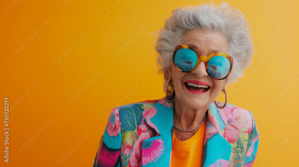 bright elderly woman in neon clothes and glasses. Studio portrait of beautiful senior woman with gray hair, wearing trendy glasses, stylish retired fashion model with cool vibrant look in neon clothes bright elderly woman in neon clothes and glasses. Studio portrait of beautiful senior woman with gray hair, wearing trendy glasses, stylish retired fashion model with cool vibrant look in neon clothes
