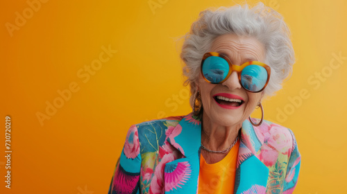 bright elderly woman in neon clothes and glasses. Studio portrait of beautiful senior woman with gray hair, wearing trendy glasses, stylish retired fashion model with cool vibrant look in neon clothes