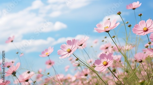 Cosmos flower (Cosmos Bipinnatus) with blue sky Background (Selective Focus) , generative ai