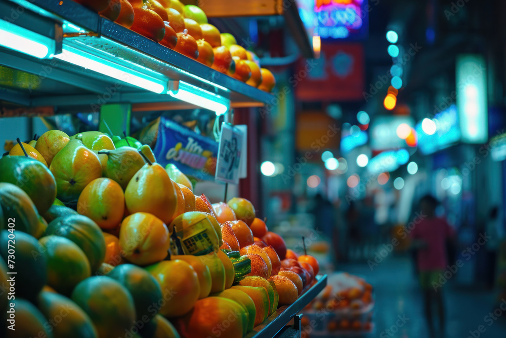 Fresh fruit stall at vibrant night market. Urban healthy eating.