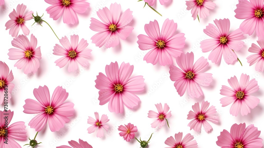 Cosmos pink flowers seamless pattern isolated on white background, flat lay, top view. The concept of summer, spring, Mother's Day, generative ai