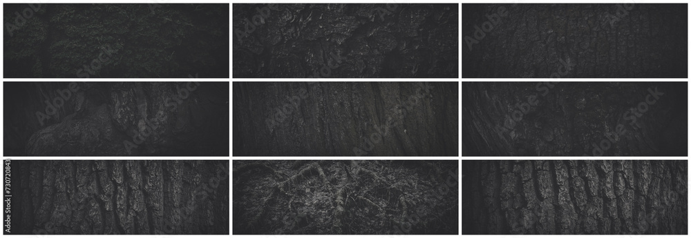 Set of dark wide panoramic background textures for design. Collection of tree bark textures. Tree trunk with natural bark pattern on the surface. Bundle of natural wood backgrounds. Dark faded colors.
