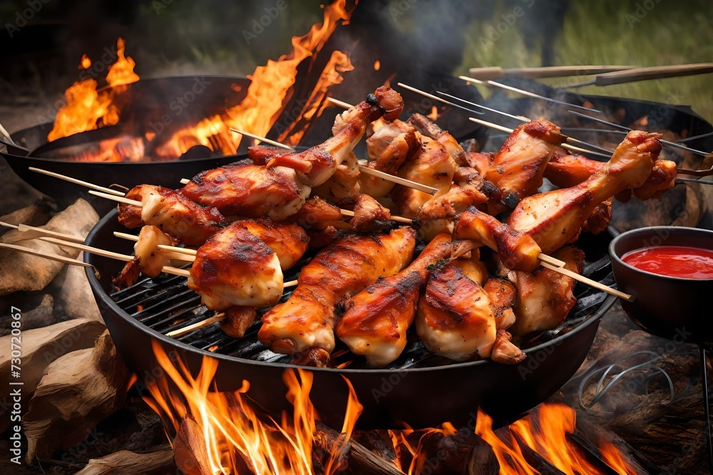  chicken wings and drumsticks sizzle over open flames,