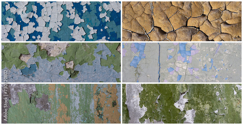 Set of peeling paint textures. Old concrete walls with cracked flaking paint. Weathered rough painted surfaces with patterns of cracks and peeling. Collection of panoramic backgrounds for design.