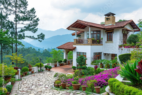 Luxurious mountain villa with landscaped garden and scenic view. Architecture and lifestyle. © Postproduction