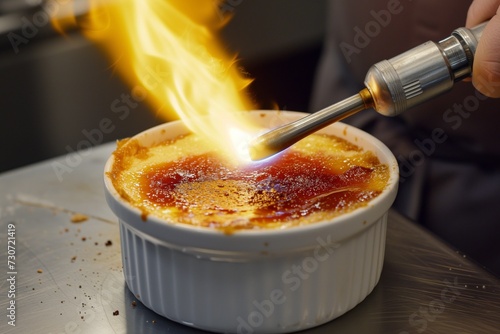 chef using a blowtorch to caramelize a crme brle photo